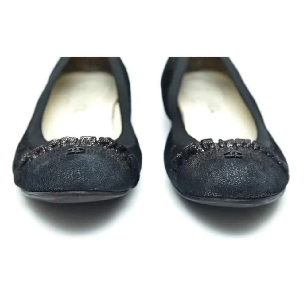 CHANEL Ballet Flats Ruffles Metallic Black Copper CC Logo Stretch Spirit Sz 39.5 - Picture 6 of 10